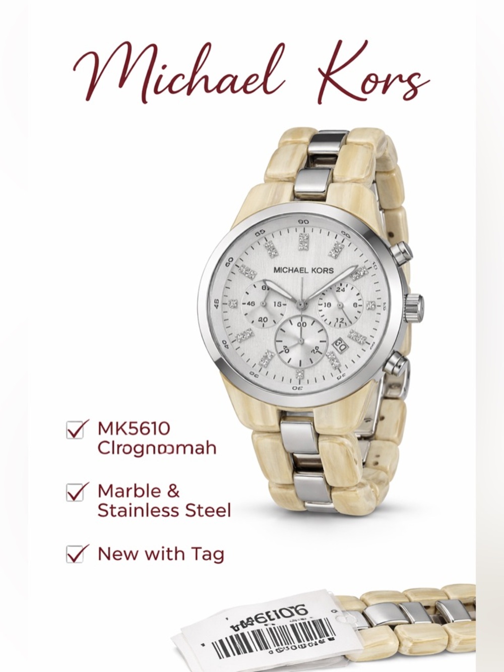 Michael Kors MK5610 Silver Chronograph Watch Marble Band NWT